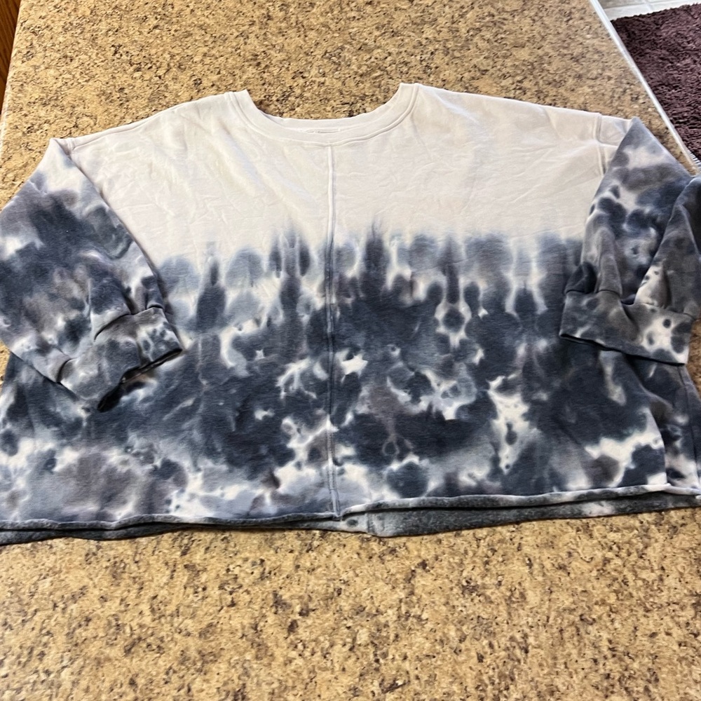 New Women's blue white Tie-Dye Long Sleeve crop Top sweatshirt